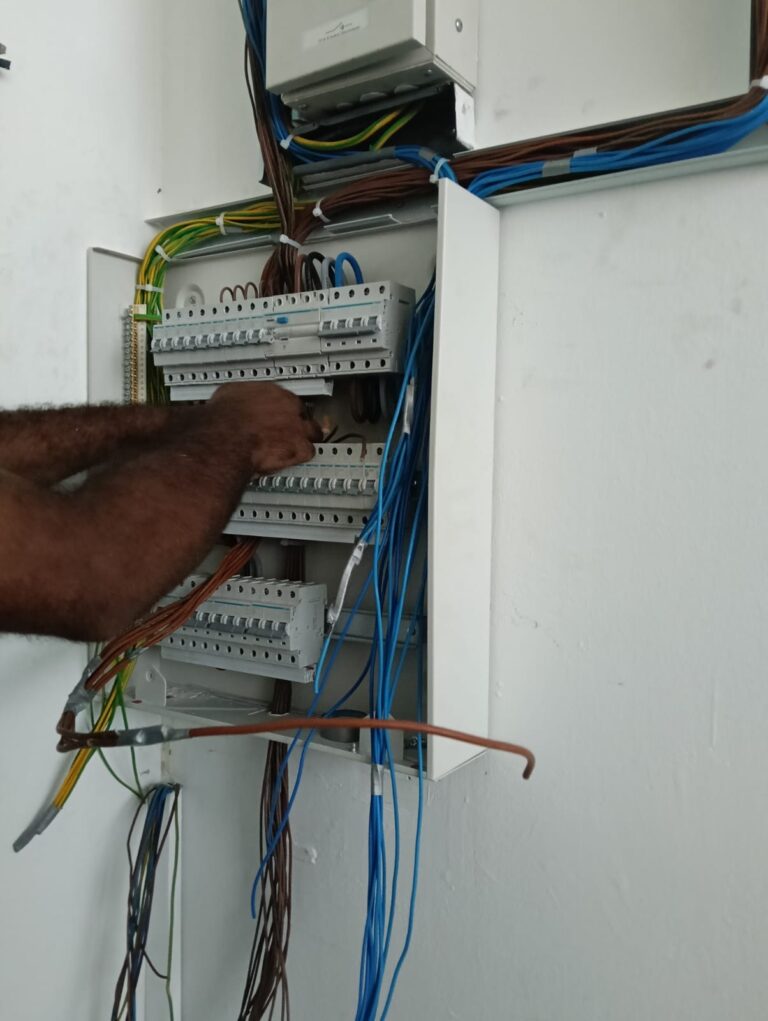 Residential electrical distribution board with circuit breakers and RCCB