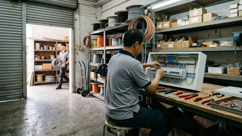 BestVolt Contractors electrician pre-wiring a new distribution board on the workshop bench in Singapore