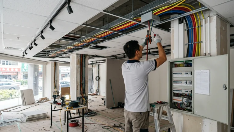 Electrician rewiring ceiling lighting circuits in a commercial unit in Singapore
