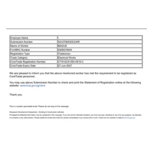 BCA CoreTrade Statement of Registration for Electrical Works (Tradesman), Reg. No. CTW-ELW-550-0819-C, valid till 27 June 2027.