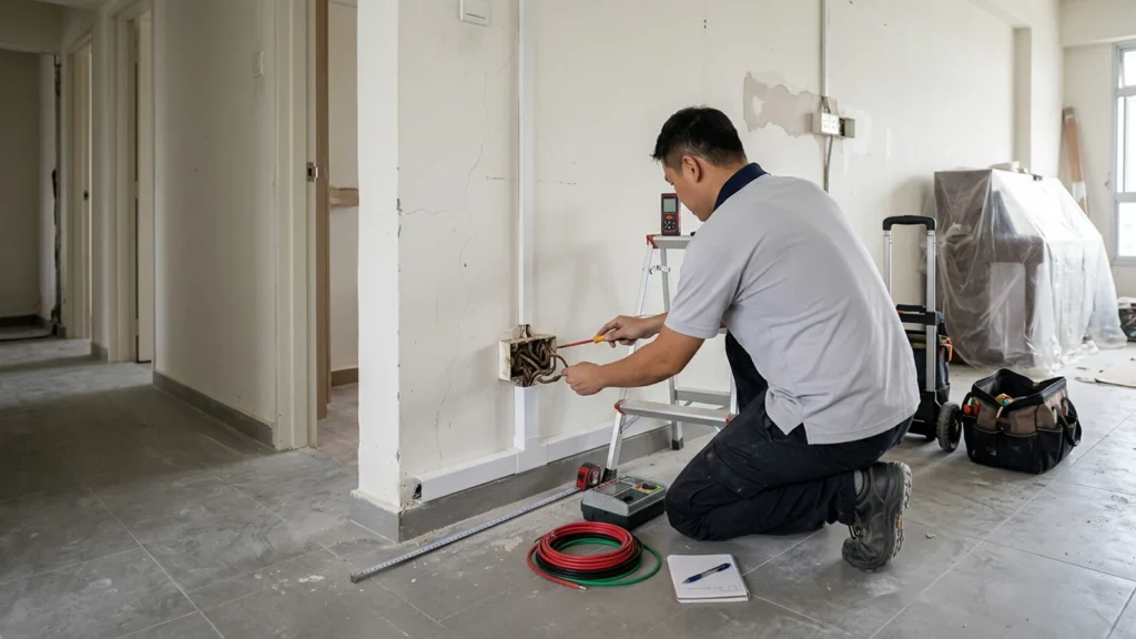 Electrical rewiring site survey in an HDB flat, measuring the wall and old wiring points before a quotation