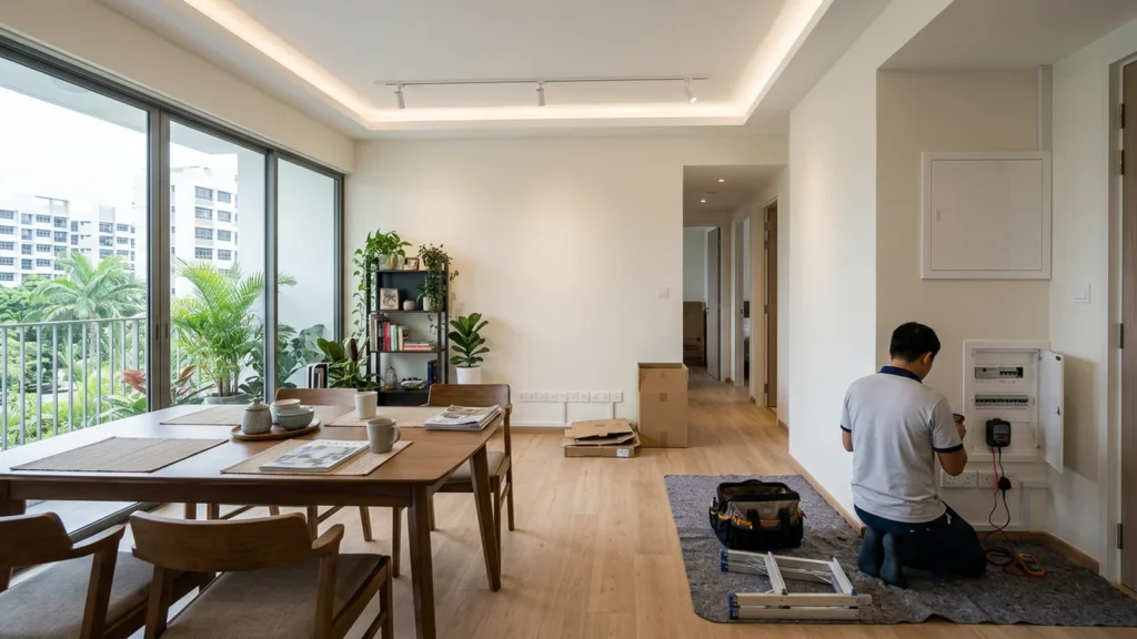 Completed rewiring in a Singapore condominium with new distribution board and power points in a finished living room