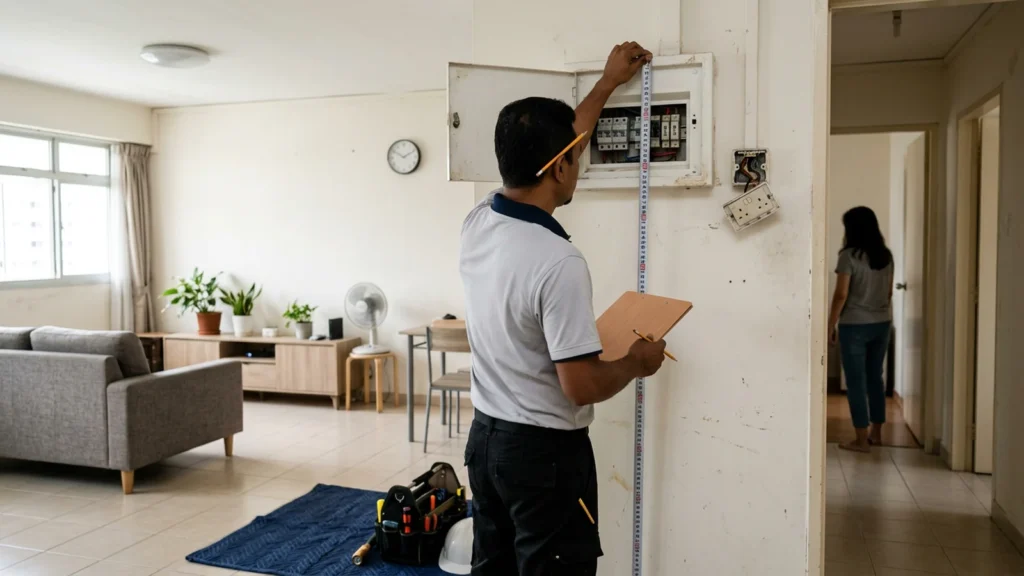 Electrical rewiring survey at an HDB flat, electrician measuring the wall while the old DB box is assessed for a quote