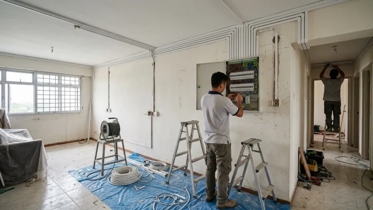 Electrical rewiring in progress in a Singapore flat with new conduit runs and a new distribution board installed