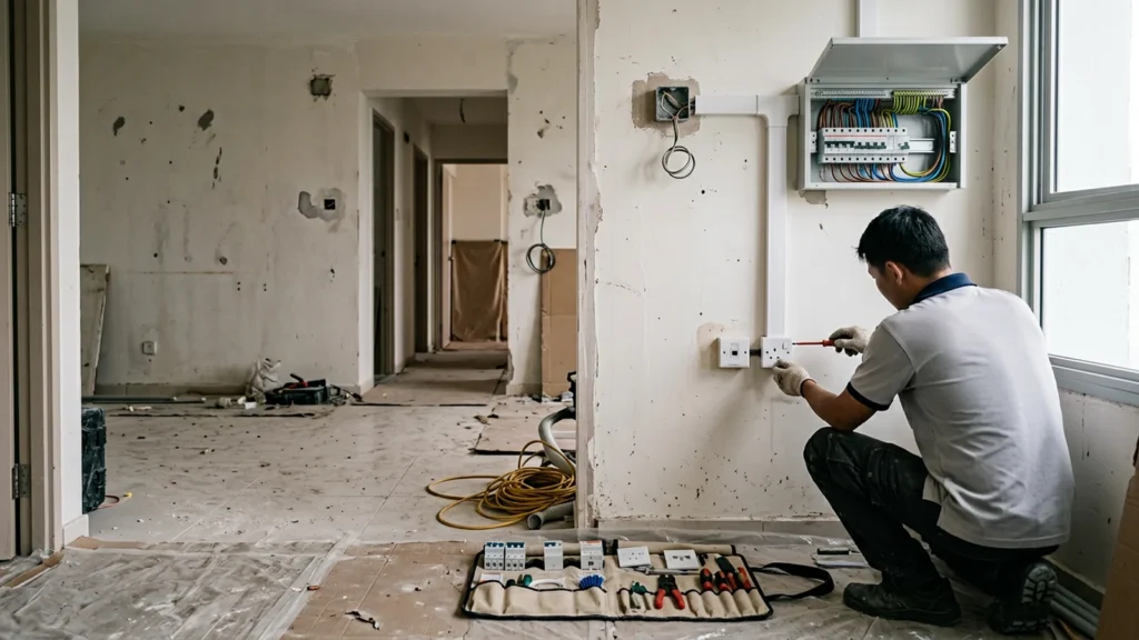Electrical services in Singapore, new distribution board, power points and data points being installed in a flat