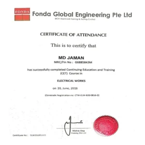 Certificate of Attendance awarded by Fonda Global Engineering Pte Ltd, a BCA Approved Training & Testing Centre in Singapore, for successfully completing the CET course in Electrical Works on 20 June 2018.